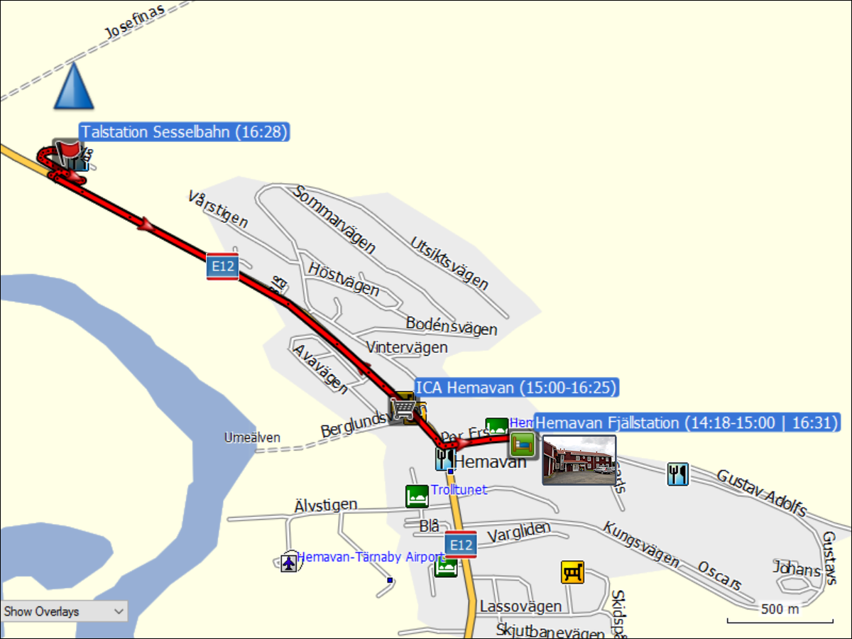 wegstrecke der fahrt von der fjaellstation hemavan zum ICA und via talstation der sesselbahn zurueck zur fjaellstation