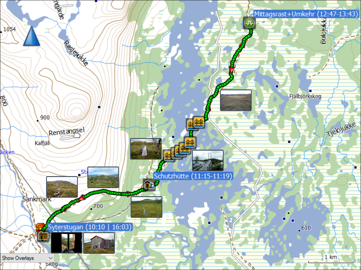 wegstrecke der wanderung von der syterstugan ueber die sieben bruecken beim suedlichen taernasjoen und zurueck