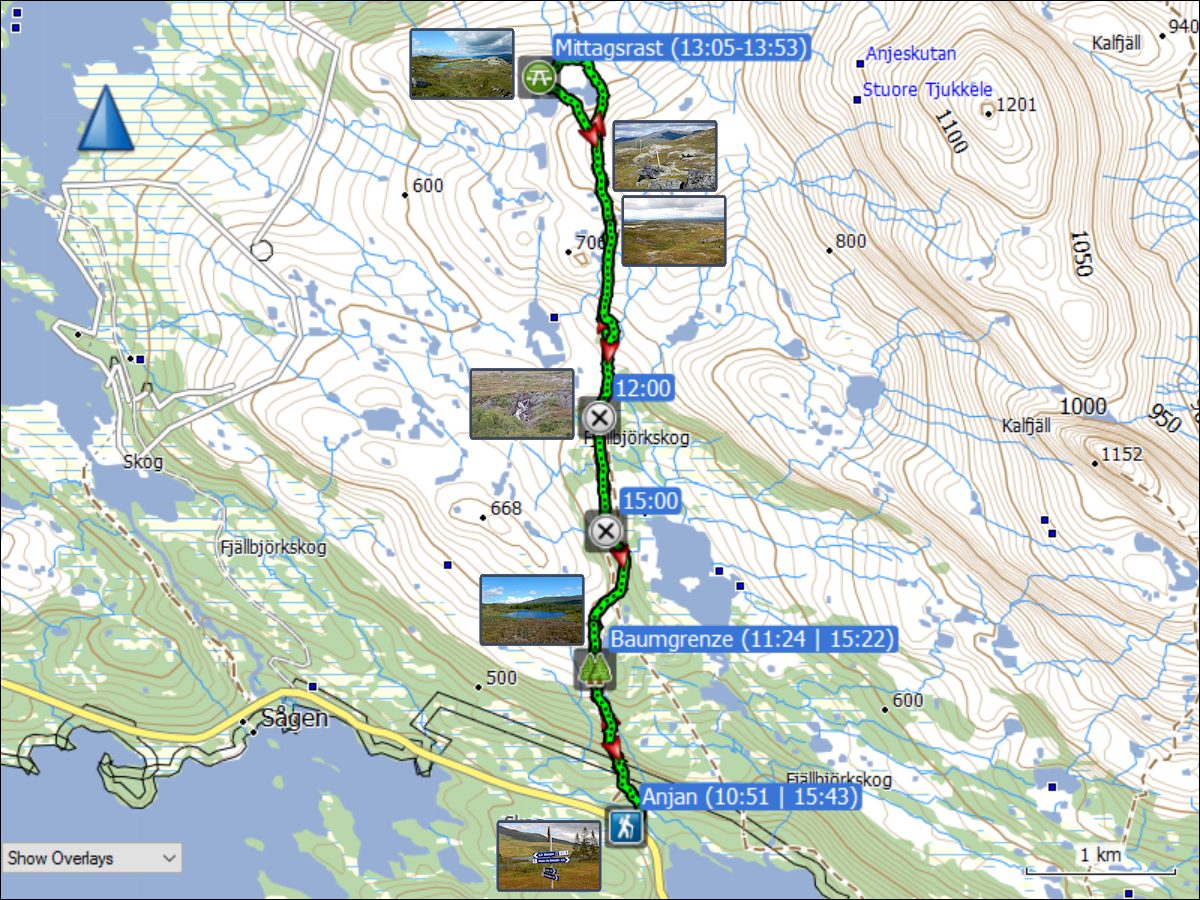 wegstrecke der wanderung vom parkplatz beim wanderweg anjan richtung mansjoen und zurueck