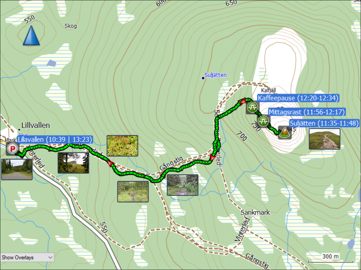 wegstrecke der kurzwanderung von lillavallen auf den suljaetten und zurueck