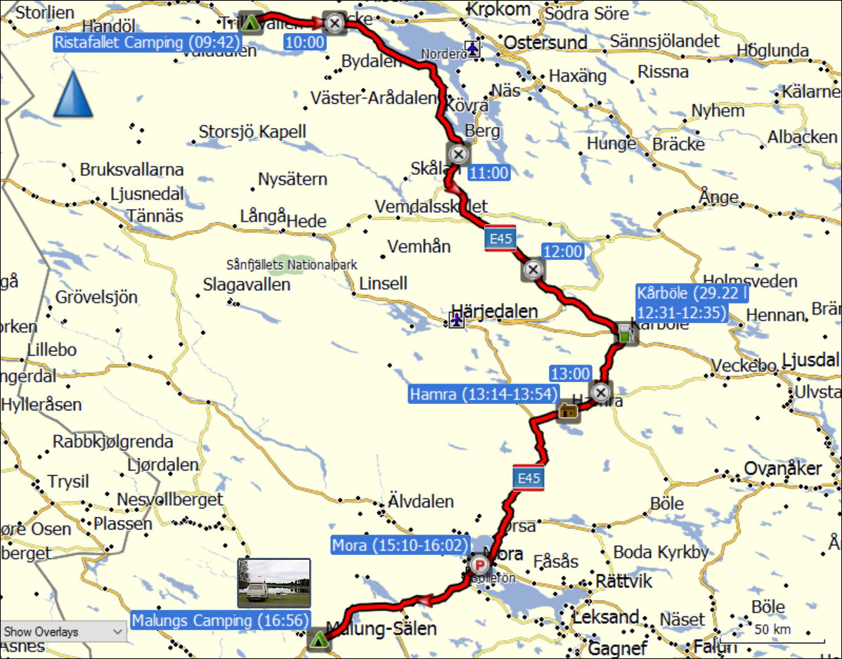 wegstrecke der fahrt von halland via mora nach malung