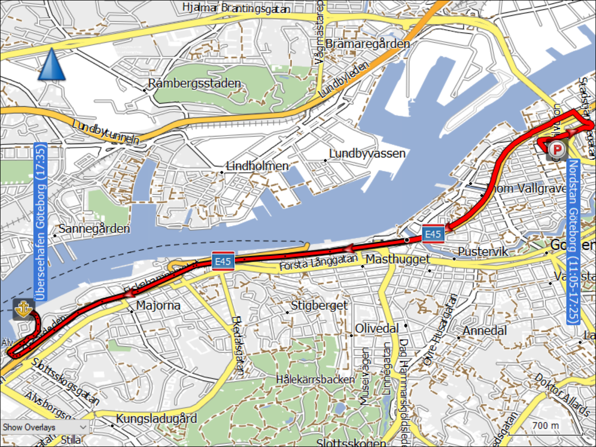 wegstrecke der fahrt vom nordstan zum ueberseehafen in goeteborg