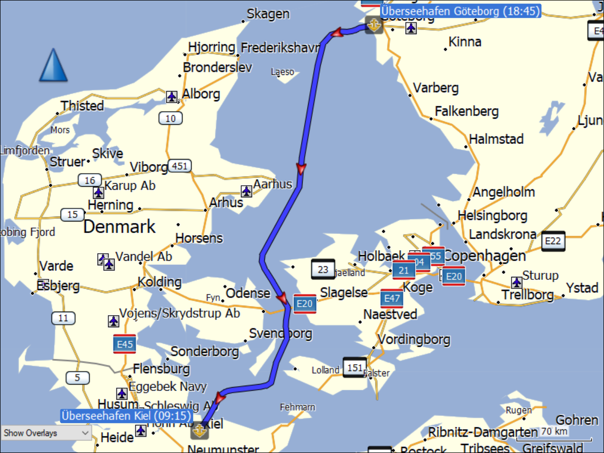 wegstrecke der ueberfahrt mit der faehre von goeteborg nach kiel