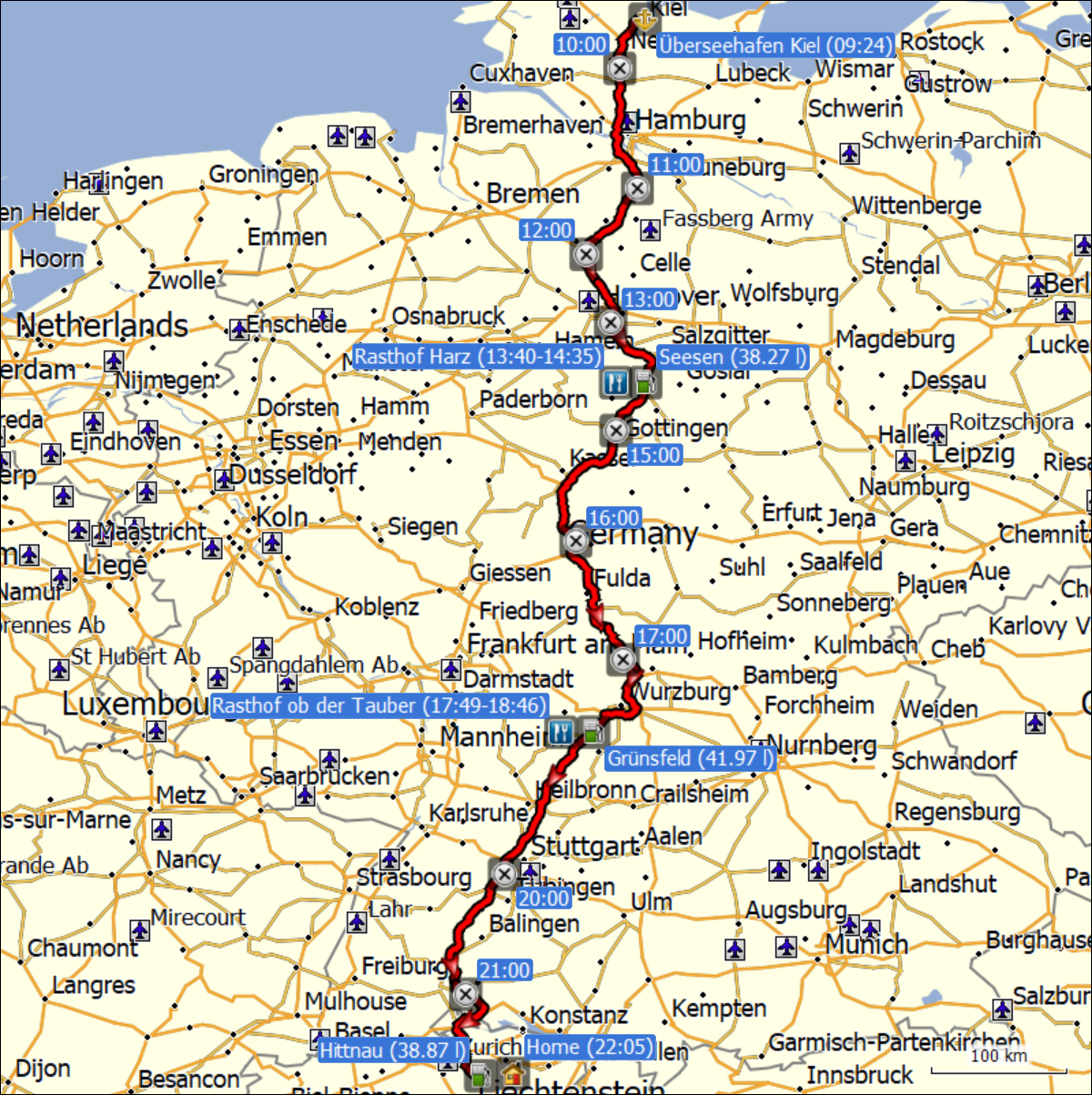 wegstrecke der fahrt von kiel nach daheim