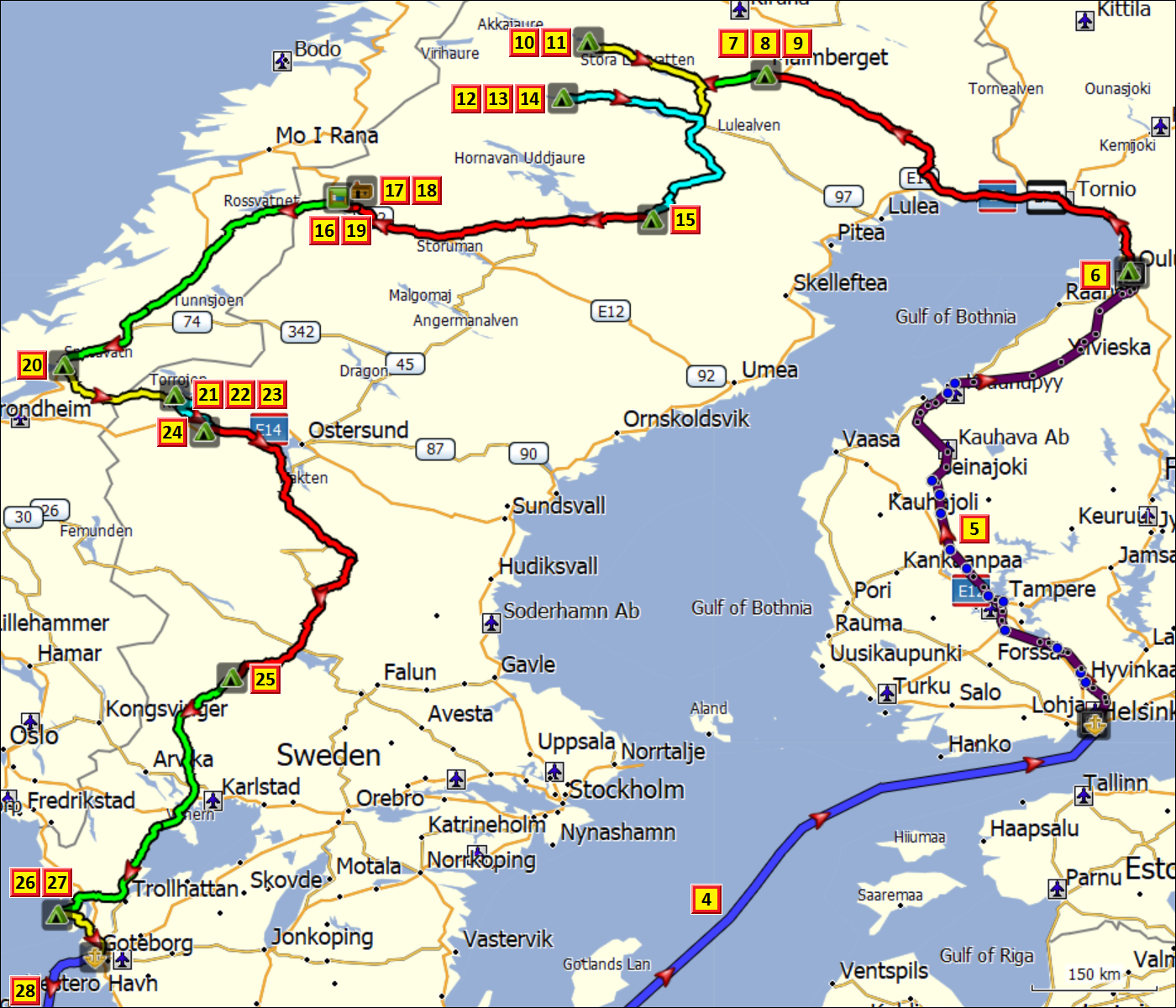 zurueckgelegte wegstrecke mit tageszielen in finnland und schweden