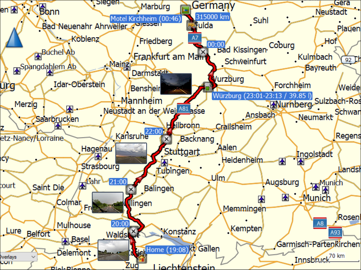 wegstrecke der fahrt von daheim nach kirchheim