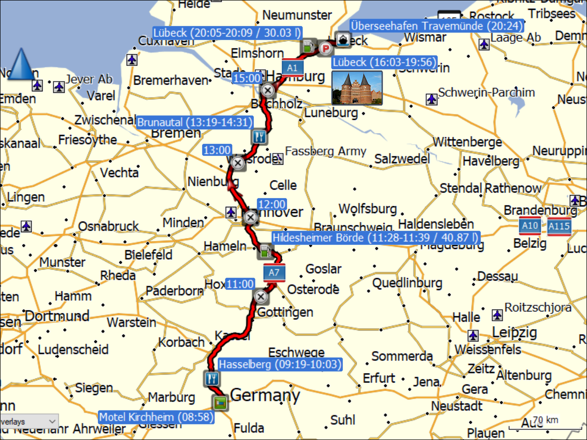 wegstrecke der fahrt von kirchheim via luebeck nach travemuende