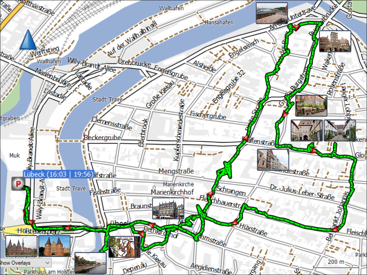 wegstrecke des stadtrundgangs auf der altstadtinsel von luebeck