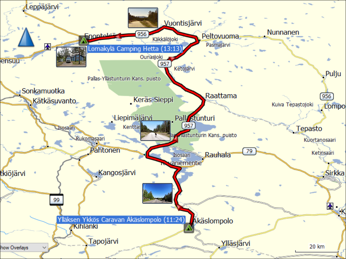 wegstrecke der fahrt vom yllaeksen ykkoes caravan in aekaeslompolo zum lomakylae camping in hetta