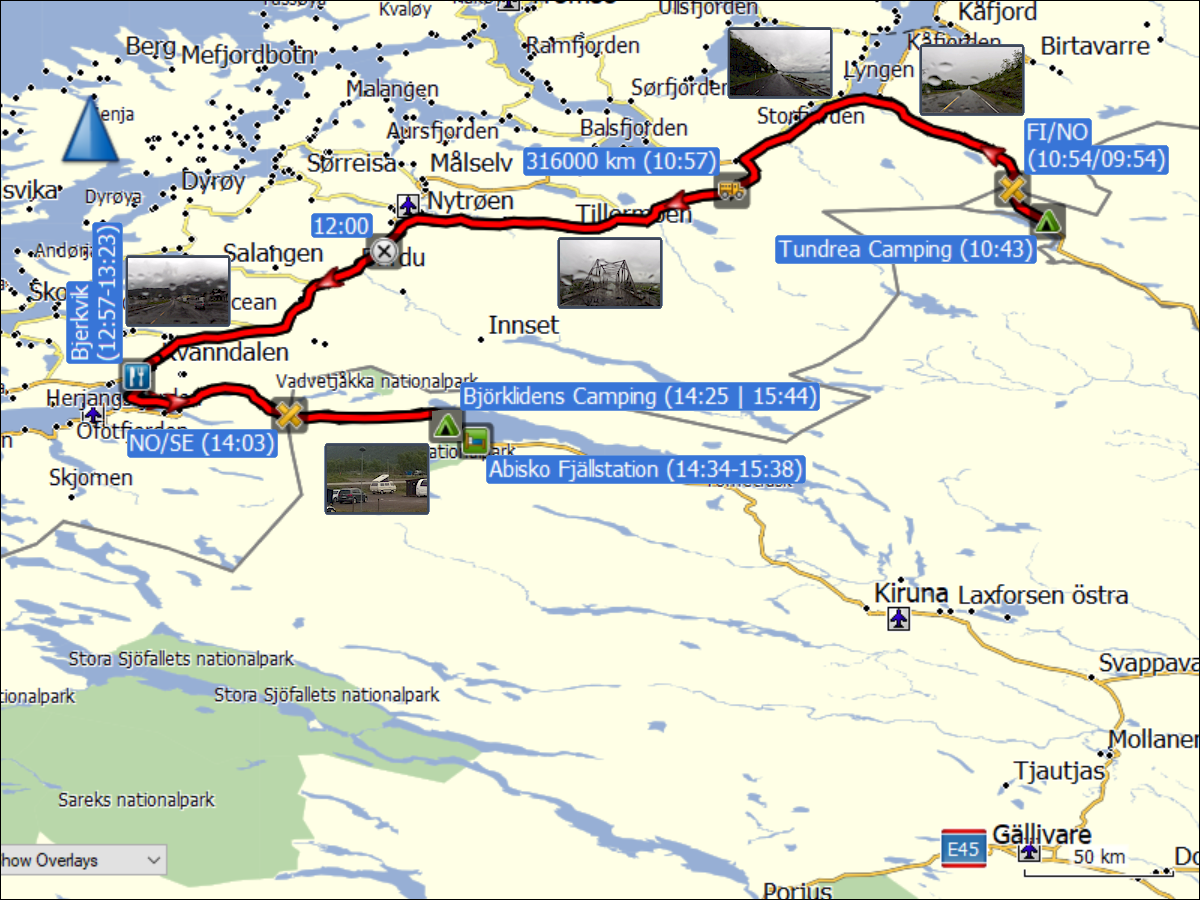 wegstrecke der fahrt von kilpisjaervi nach bjoerkliden inklusive abstecher zur abisko fjaellstation