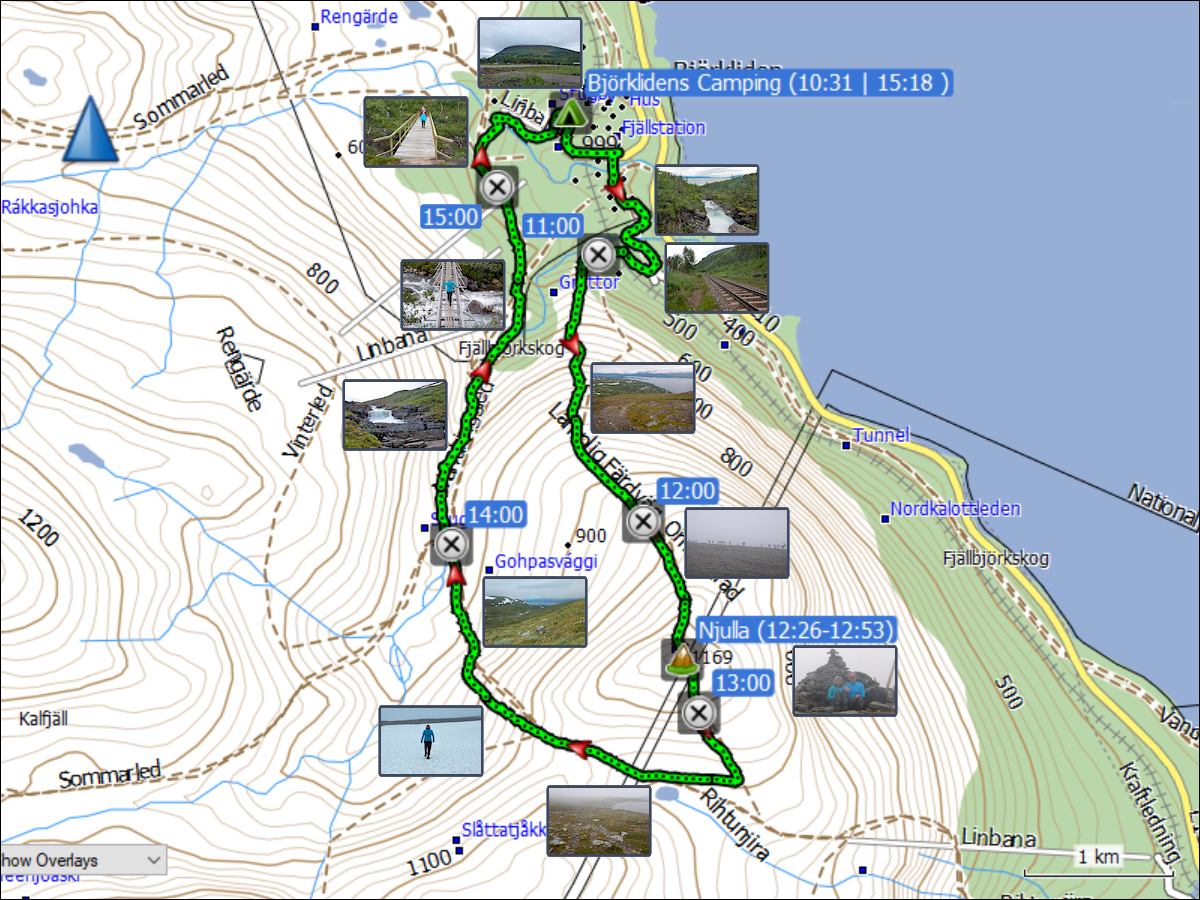 wegstrecke der wanderung vom bjoerklidens camping auf den njulla und zurueck