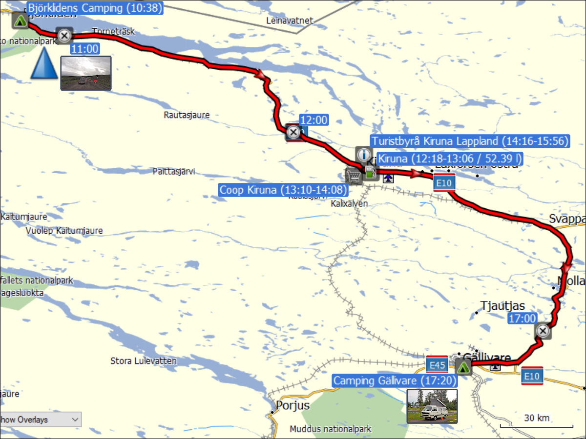 wegstrecke der fahrt von bjoerkliden via kiruna nach gaellivare