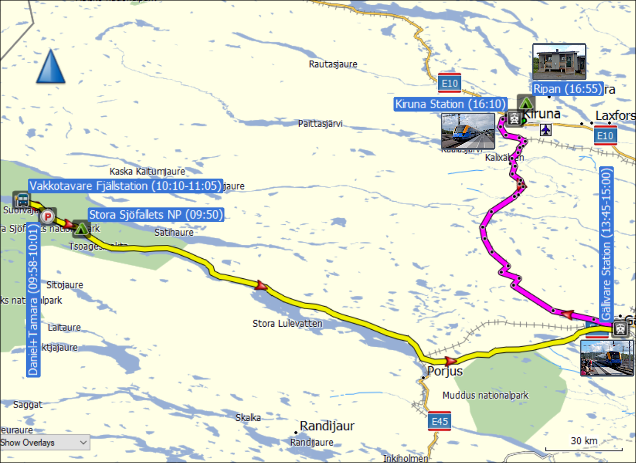karte mit autofahrt von stora sjoefallet nach vakkotavare, busfahrt von vakkotavare nach gaellivare und zugfahrt von gaellivare nach kiruna