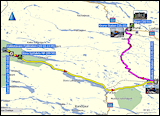 karte mit autofahrt von stora sjoefallet nach vakkotavare, busfahrt von vakkotavare nach gaellivare und zugfahrt von gaellivare nach kiruna