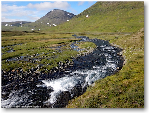 blick von der noerdlichen bruecke auf den gaskkasjohka entlang des kungsleden zwischen den saelkastugorna und den singistugorna