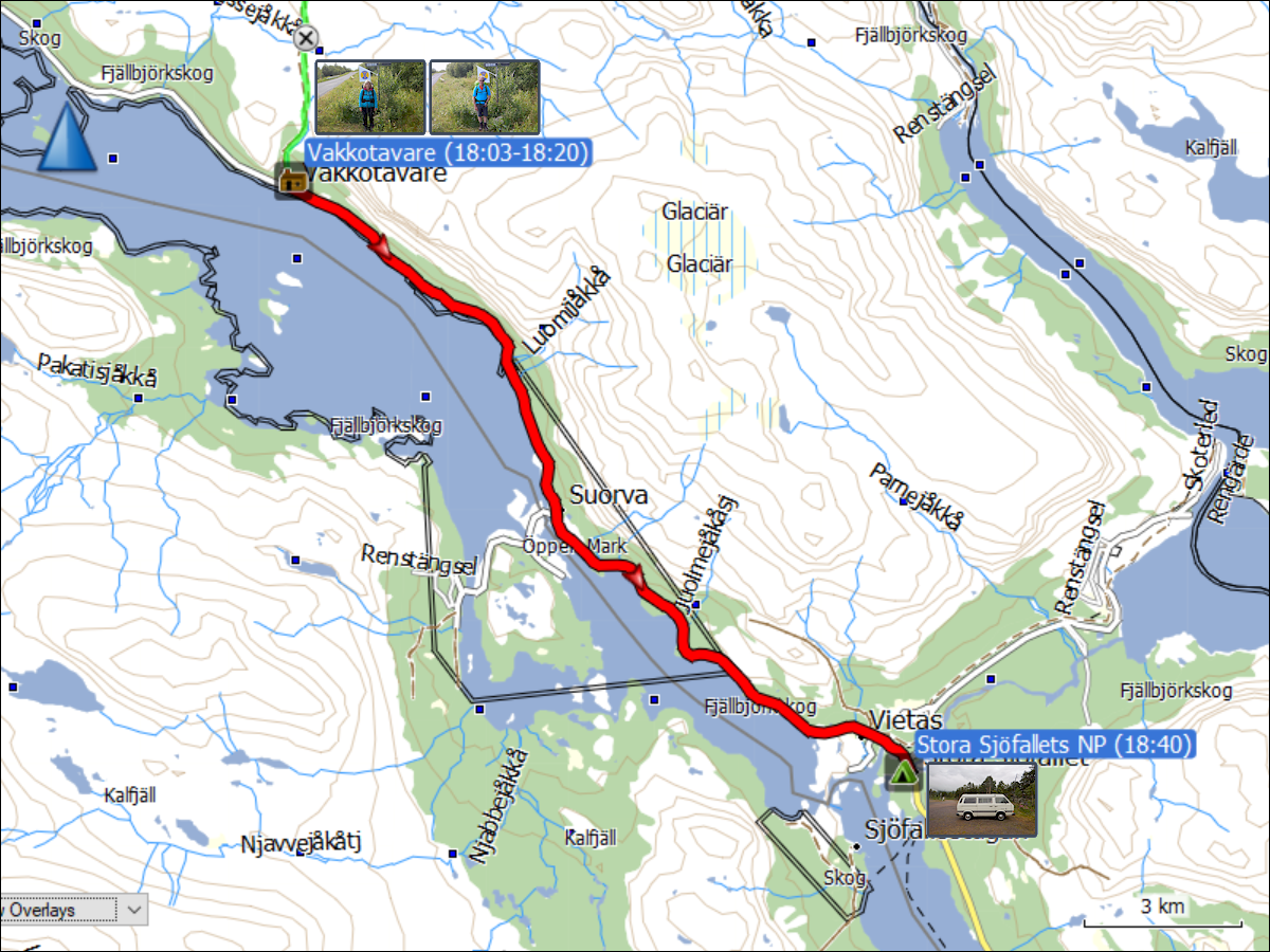 wegstrecke der fahrt von der vakkotavare fjaellstation zum stora sjoefallets nationalpark