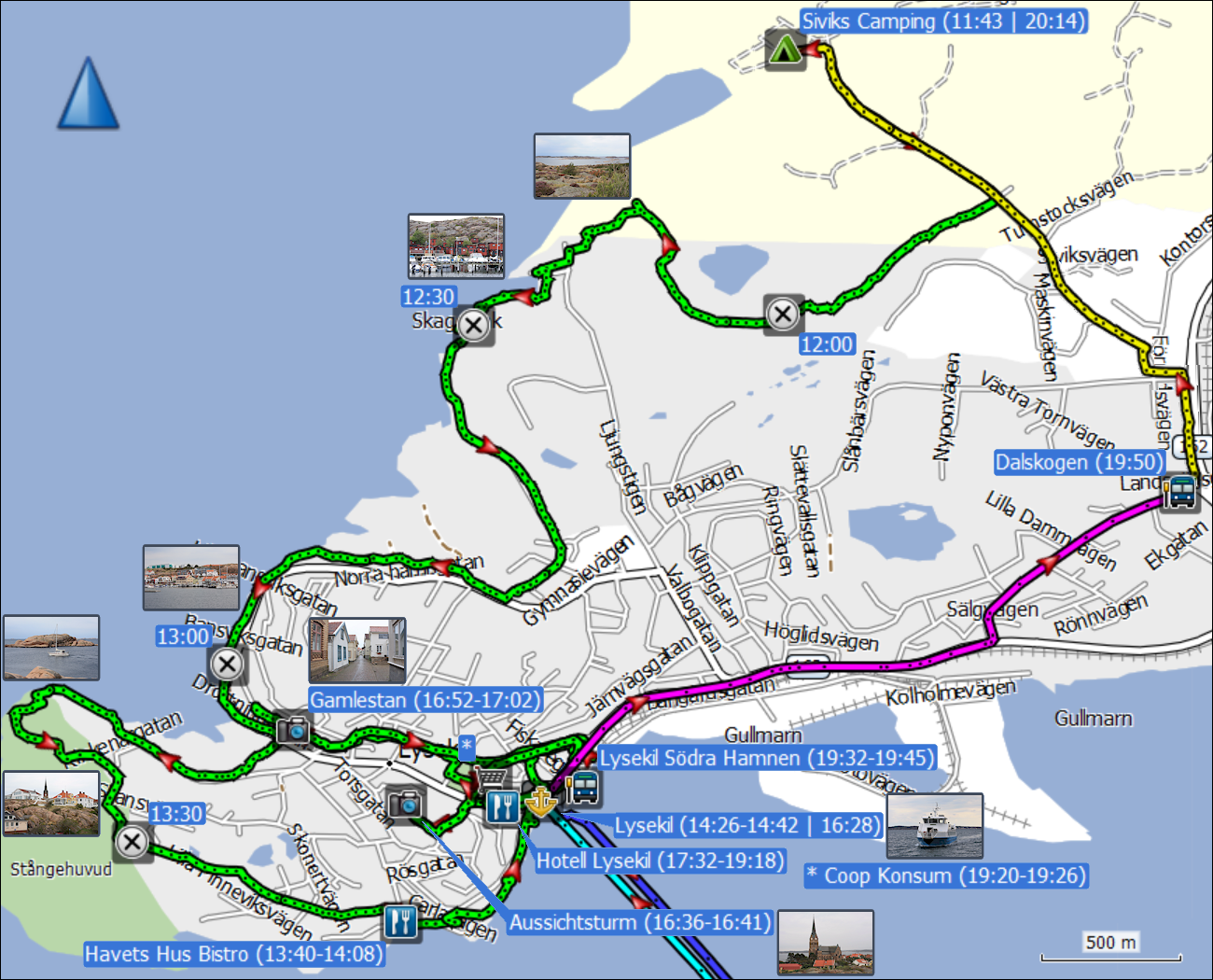 wegstrecken fussmaersche und busfahrt in lysekil sowie ueberfahrten zwischen lysekil und fiskebaeckskil