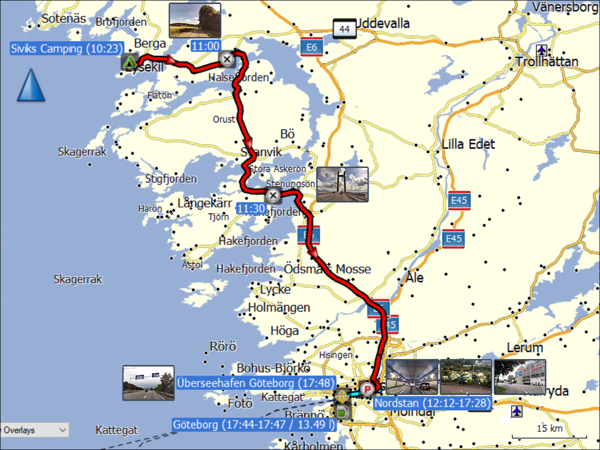 wegstrecke der fahrt von lysekil via einkaufszentrum nordstan zum ueberseehafen goeteborg