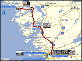 karte und hoehenprofil der fahrt von lysekil via einkaufszentrum nordstan zum ueberseehafen goeteborg sowie karte der ueberfahrt von goeteborg nach kiel