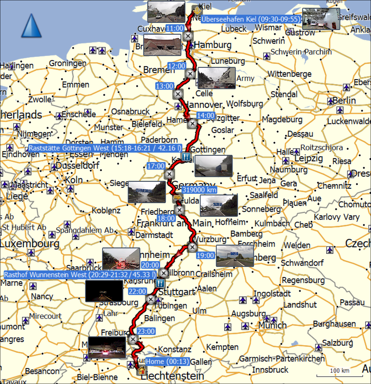 wegstrecke der fahrt von kiel nach daheim