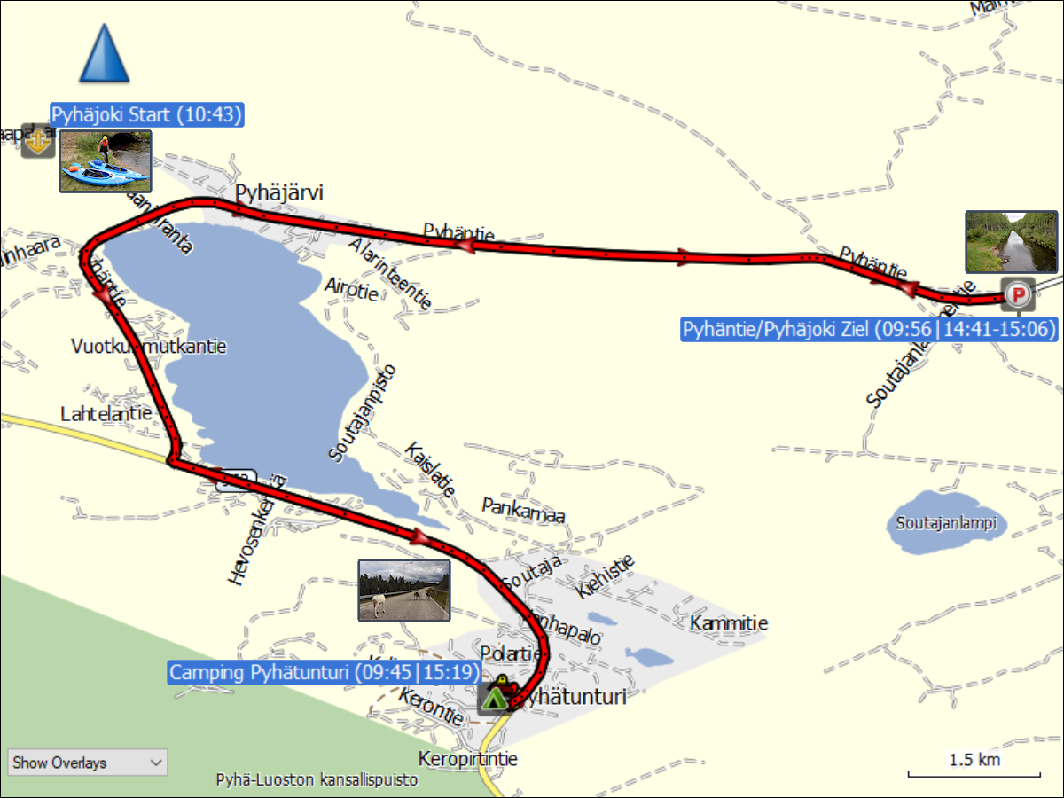 wegstrecke der fahrt vom camping pyhaetunturi zum parkplatz am pyhaejoki und zurueck