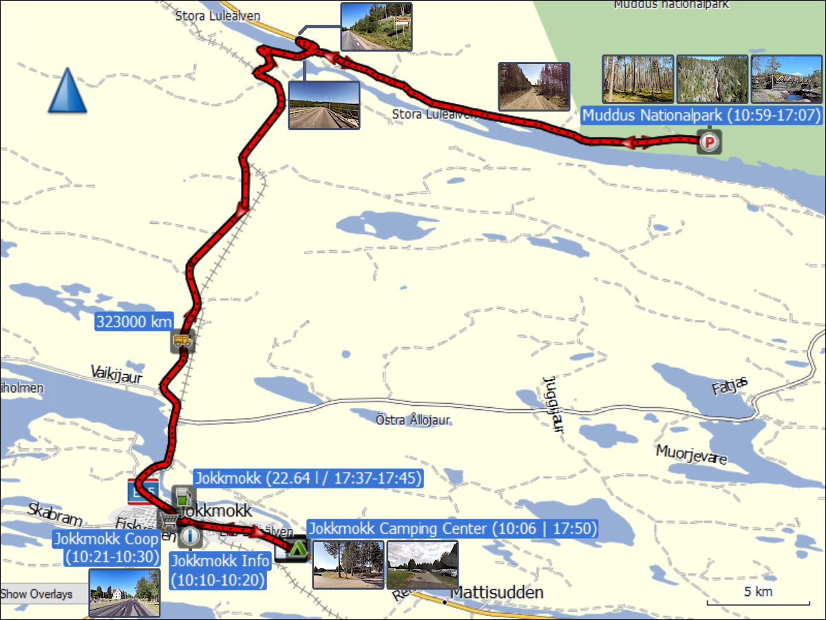 wegstrecke der fahrt vom jokkmokk camping center zum muddus nationalpark und zurueck