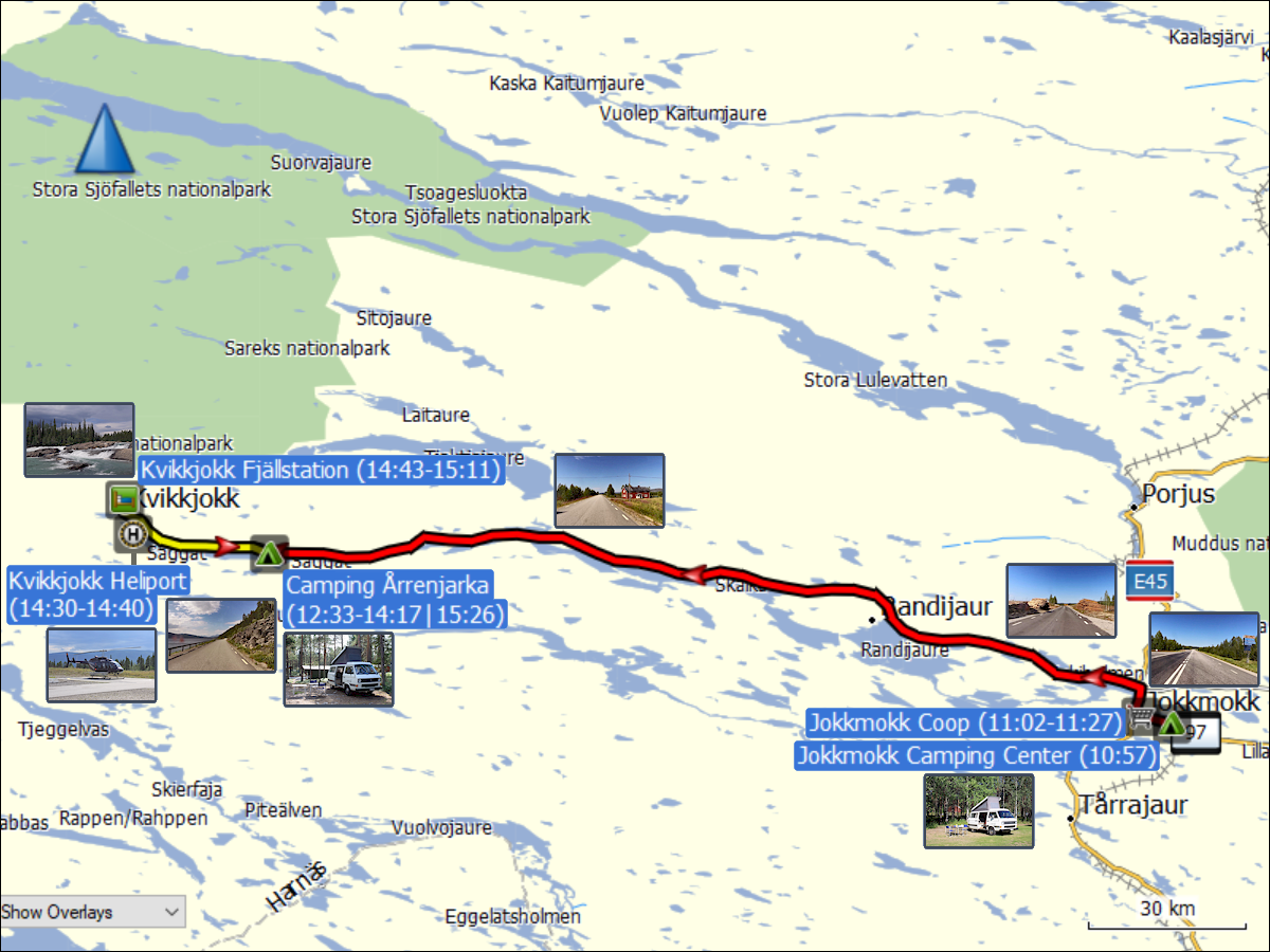 wegstrecke der fahrt von jokkmokk via kvikkjokk nach arrenjarka