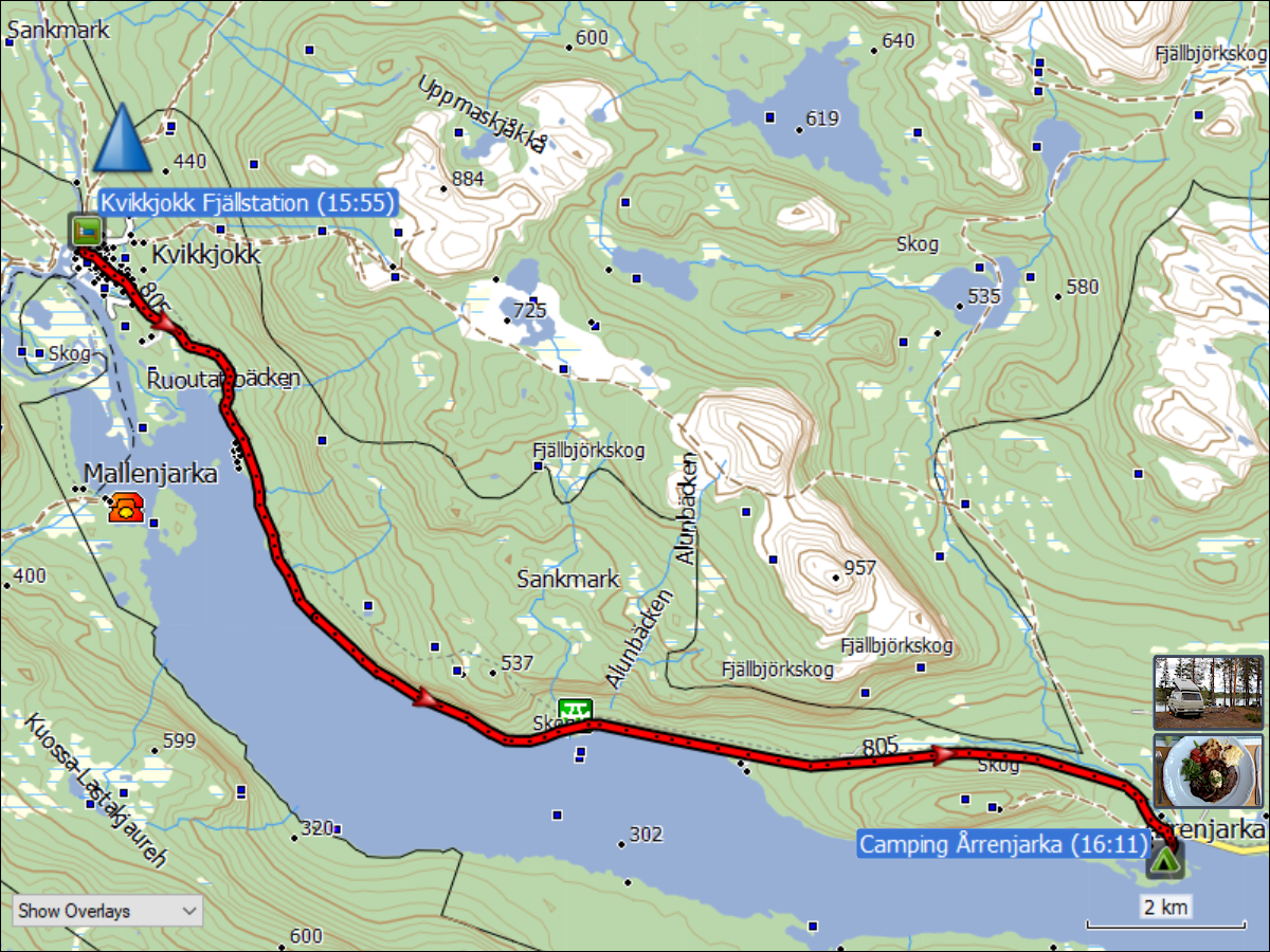 wegstrecke der fahrt von kvikkjokk zum campingplatz arrenjarka
