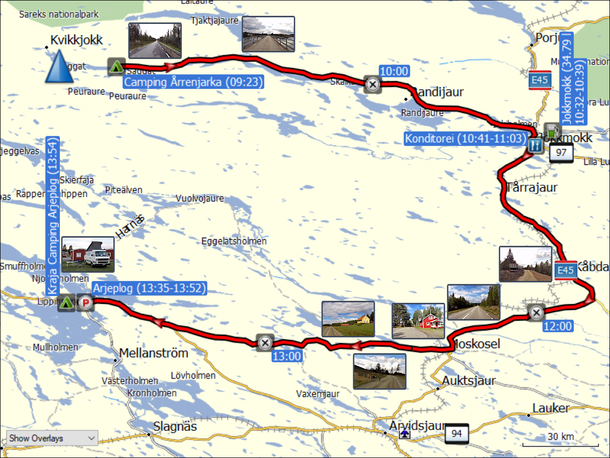 wegstrecke der fahrt vom camping arrenjarka via jokkmokk und moskosel zum kraja camping arjeplog