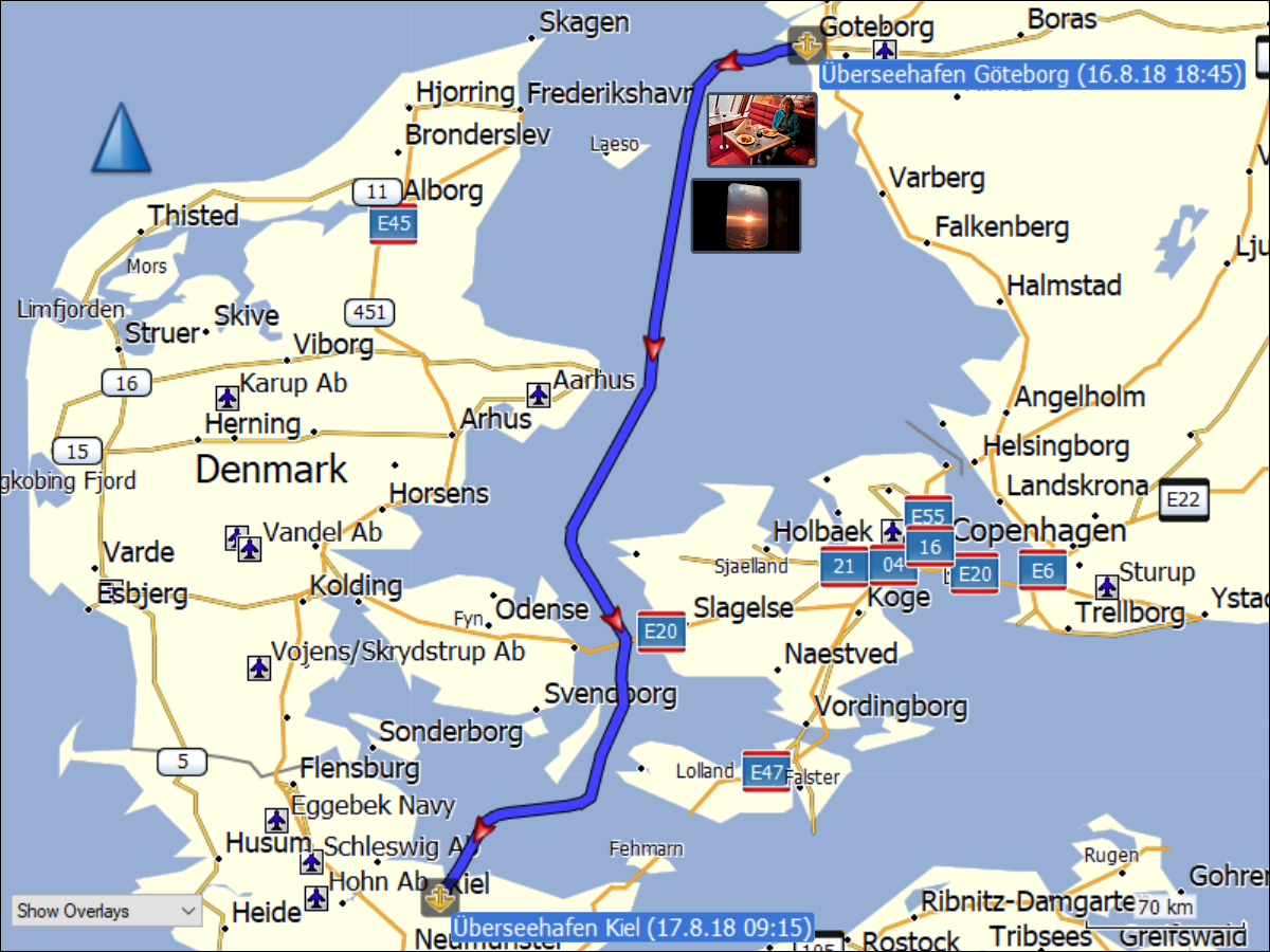 wegstrecke der ueberfahrt an bord der stena line vom ueberseehafen goeteborg zum ueberseehafen kiel