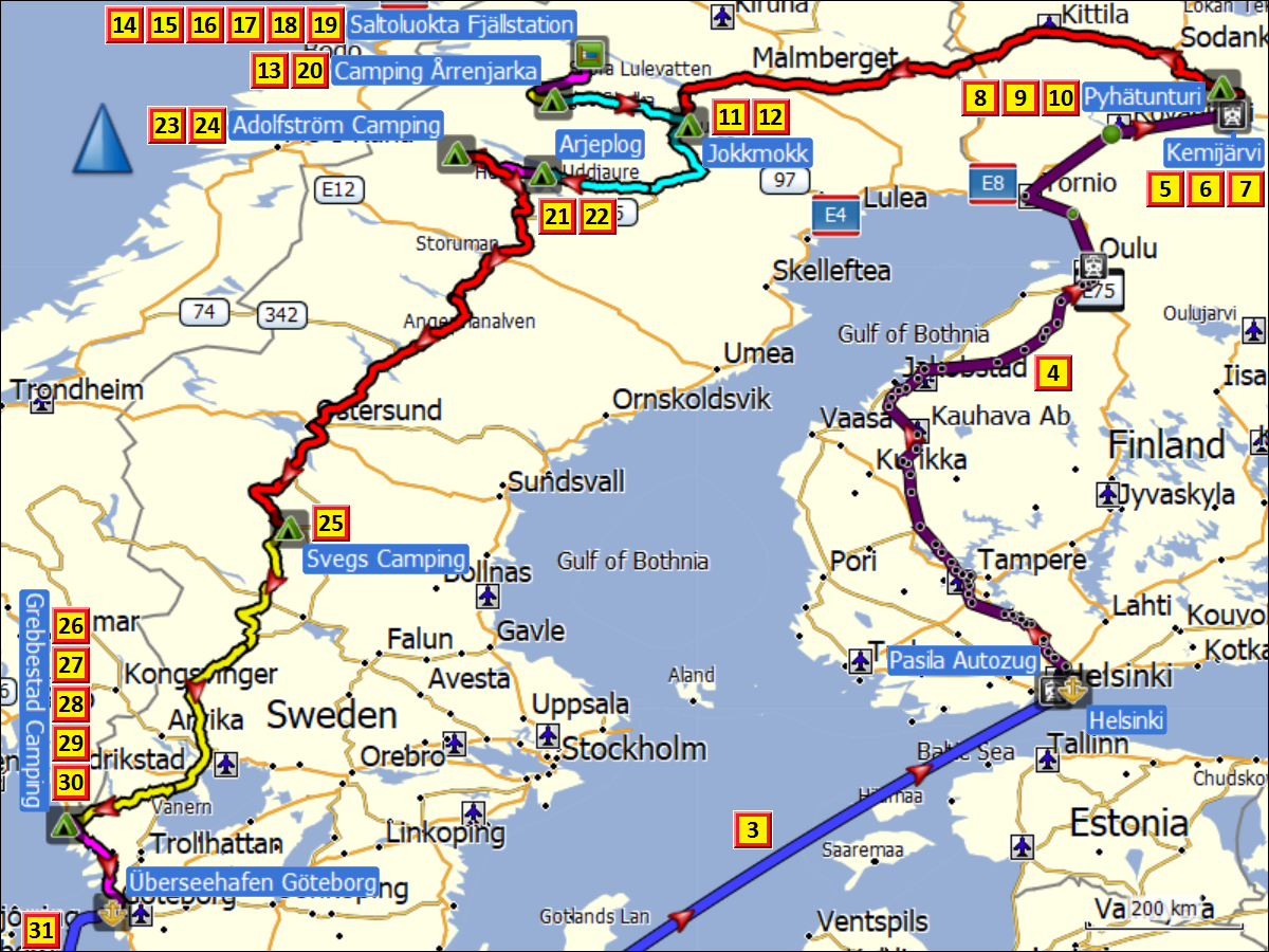 zurueckgelegte wegstrecke mit tageszielen in finnland und schweden