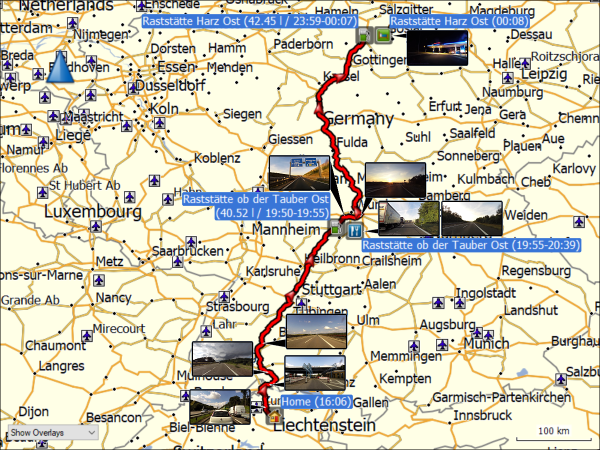 wegstrecke der fahrt von daheim zur raststaette harz ost