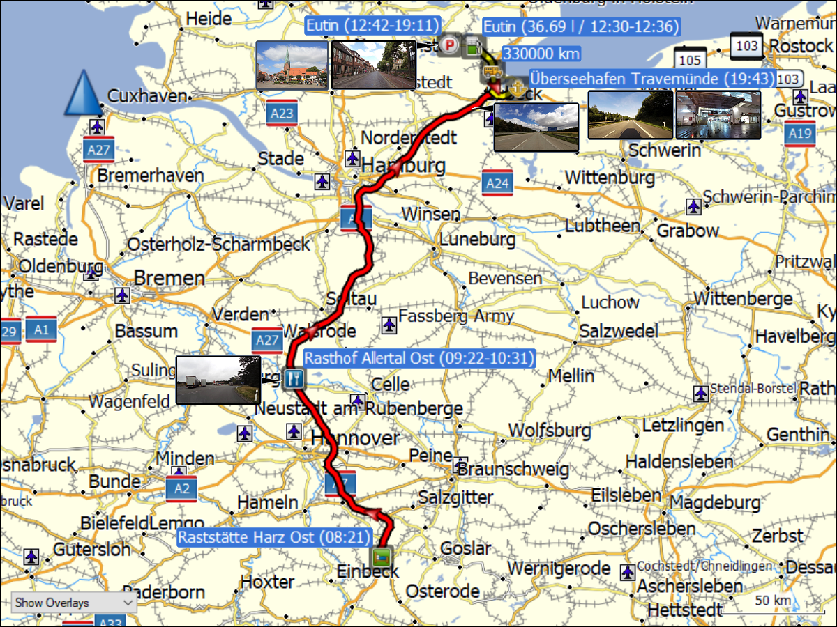 wegstrecke der fahrt von der raststaette harz ost via eutin zum ueberseehafen travemuende