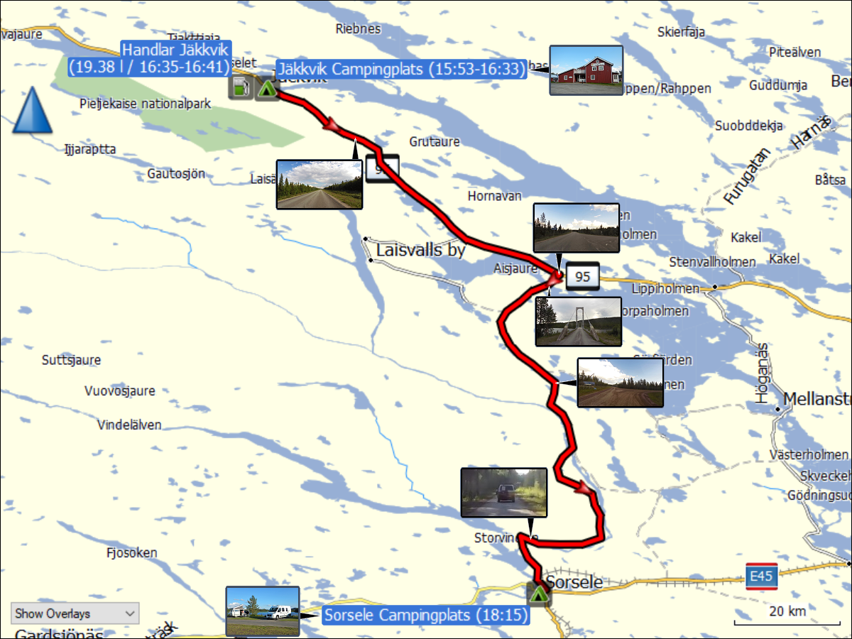 wegstrecke der fahrt von jaekkvik zum sorsele campingplats