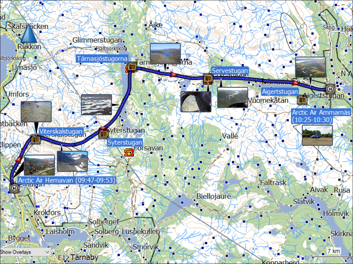 wegstrecke des helikopterfluges von hemavan nach ammarnaes