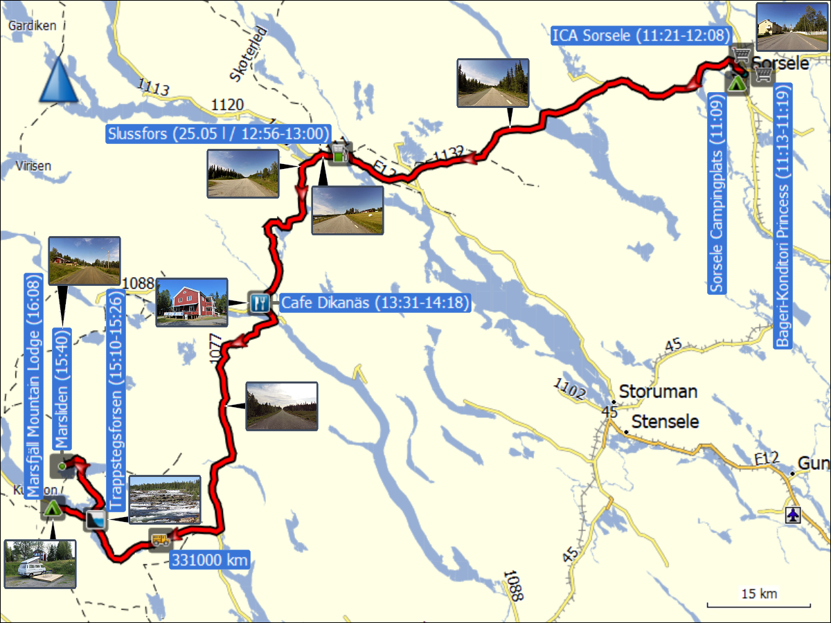 wegstrecke der fahrt vom sorsele campingplats zur marsfjaell mountain lodge in saxnaes