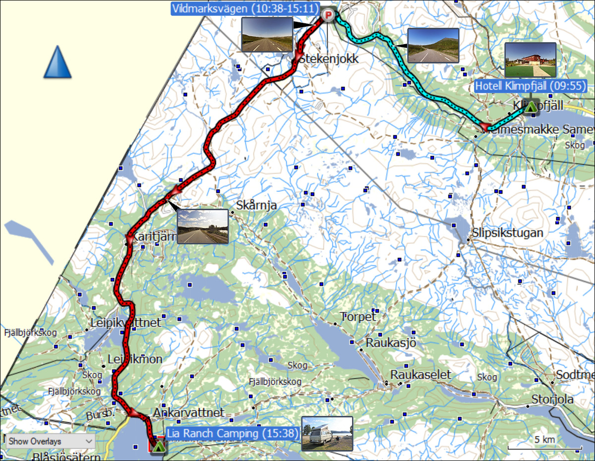 wegstrecke der fahrt ueber den vildmarksvaegen vom hotell klimpfjaell zum lia ranch camping in ankarvattsliden