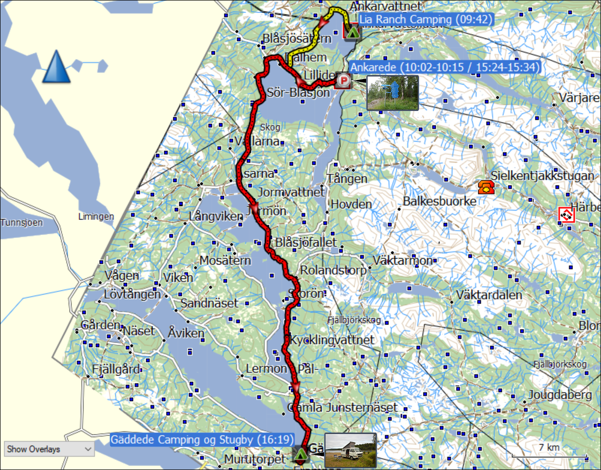 wegstrecke der fahrt vom lia ranch camping in ankarvattsliden via ankarede zum gaeddede camping och stugby