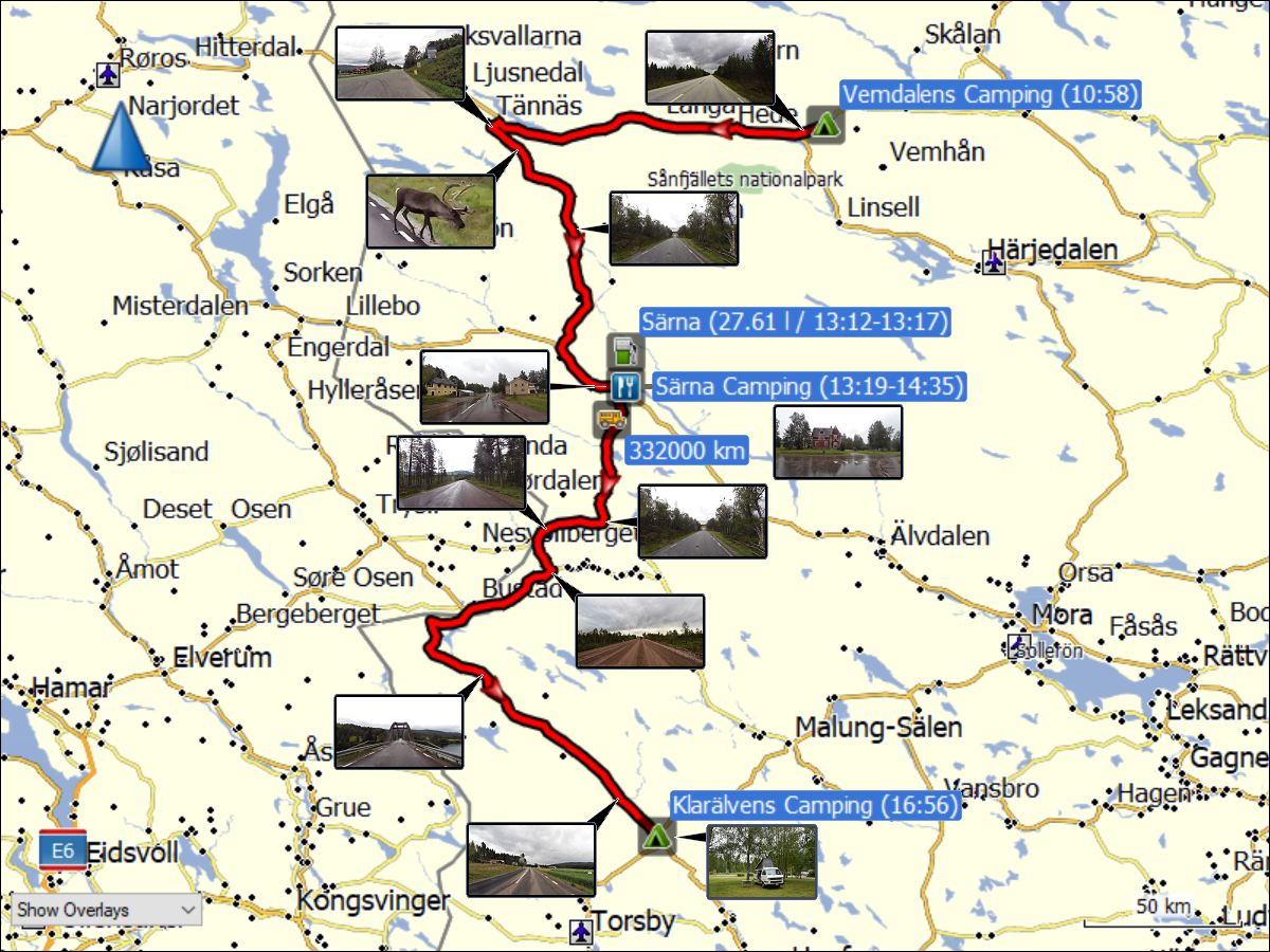 wegstrecke der fahrt vom vemdalens camping zum klaraelvens camping bei stoellet