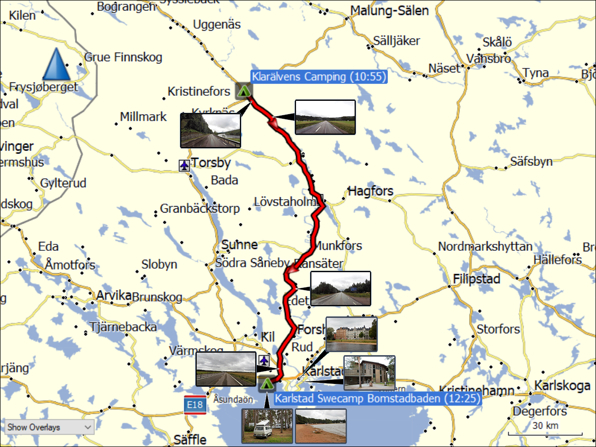 wegstrecke der fahrt vom klaraelvens camping bei stoellet zum karlstad swecamp bomstadbaden