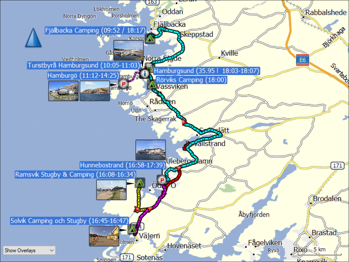 wegstrecke der fahrten von fjaellbacka nach hamburgsund, hamburgoe, ramsvik, solvik, hunnebostrand und zurueck nach fjaellbacka