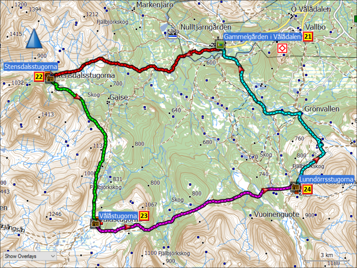 zurueckgelegte wegstrecke rundwanderung valadalen mit tageszielen