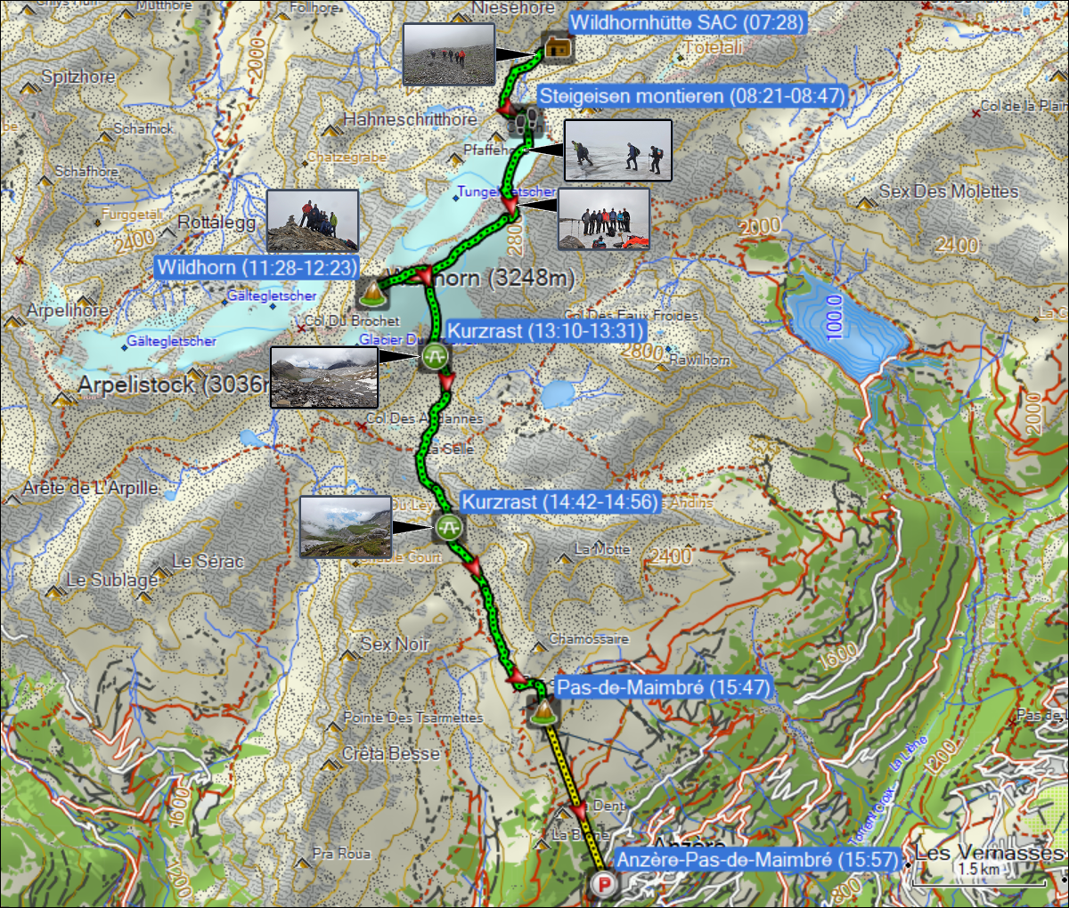 wegstrecke der wanderung von der wildhornhuette via wildhorn zur bergstation pas-de-maimbre und der talfahrt mit der gondelbahn nach anzere
