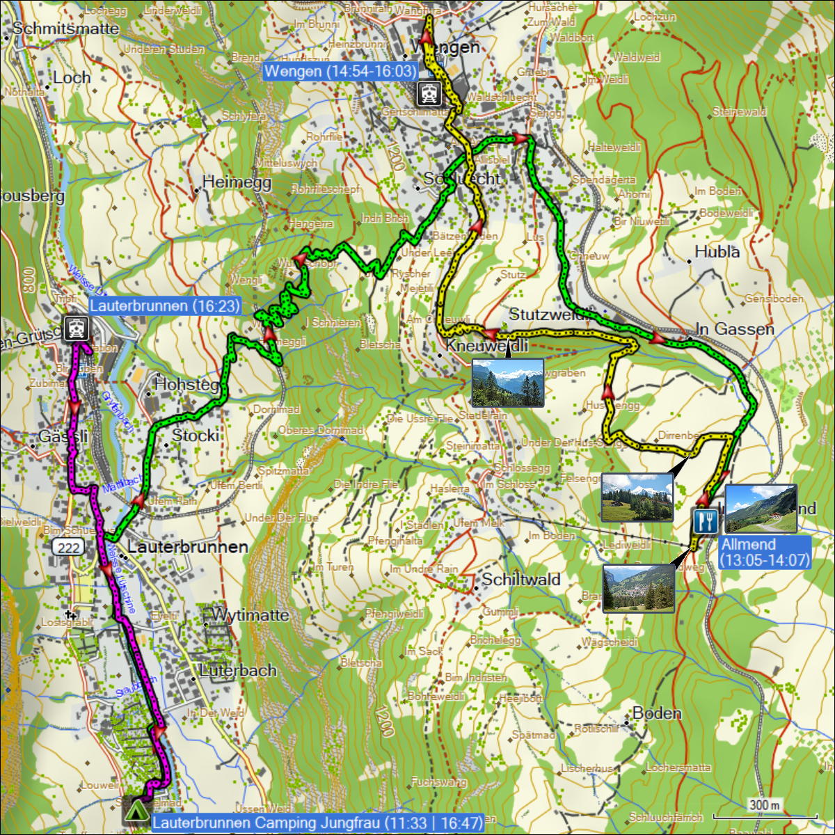 wegstrecke der wanderung von lauterbrunnen via allmend nach wengen und des fussmarsches von lauterbrunnen bahnhof zum camping jungfrau