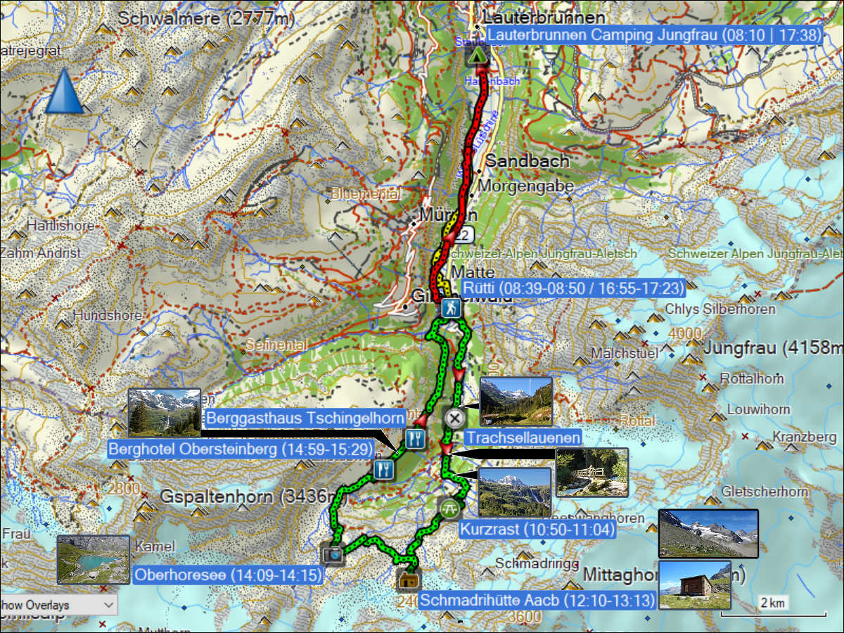 wegstrecke der fahrt mit dem fahrrad vom camping jungfrau nach ruetti bei stechelberg, der wanderung von ruetti zur schmadrihuette und via obersteinberg zurueck nach ruetti, sowie der fahrt mit dem fahrrad zurueck nach lauterbrunnen