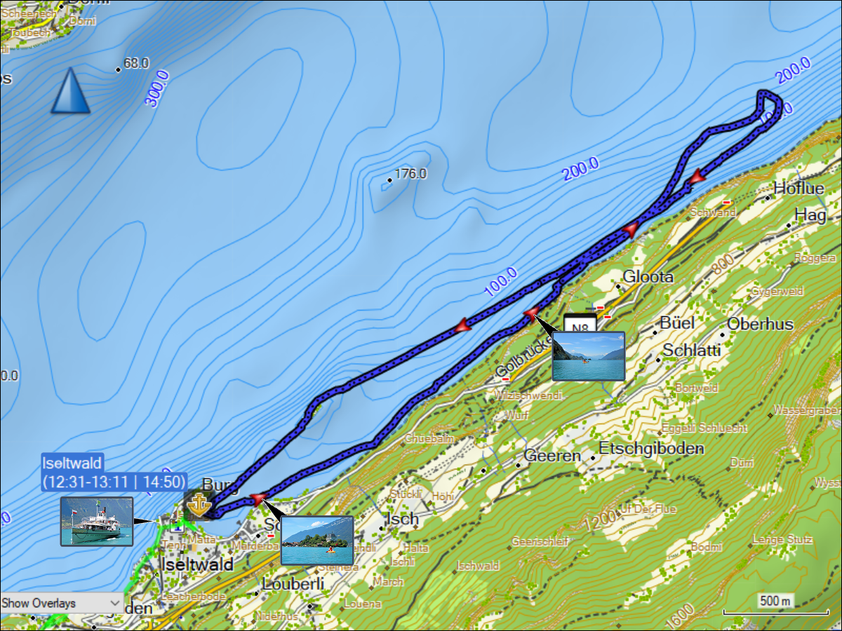 wegstrecke der fahrt mit dem sit-on-top kajak auf dem brienzersee bei iseltwald
