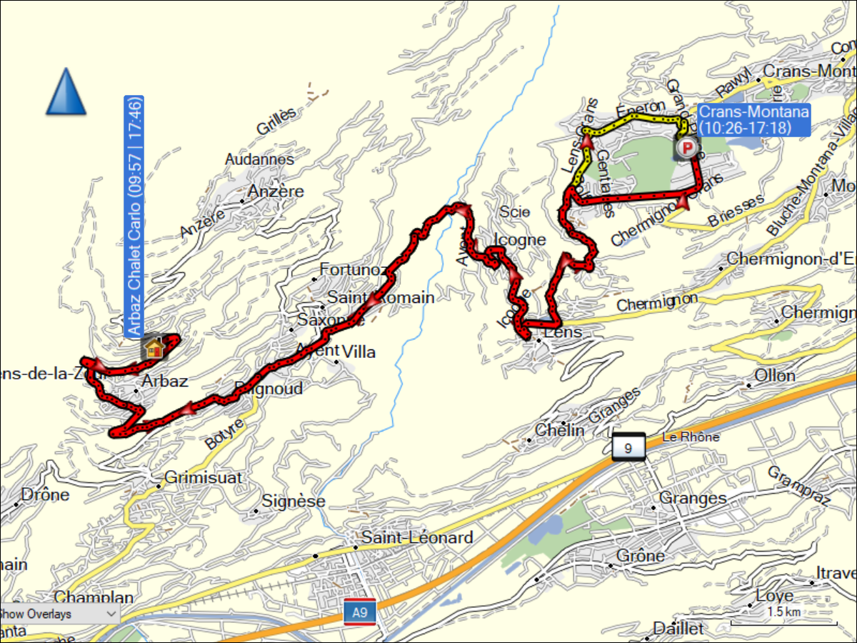 wegstrecke der fahrt von arbaz nach crans-montana und zurueck