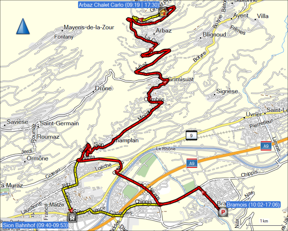 wegstrecke der fahrt von arbaz nach bramois und zurueck