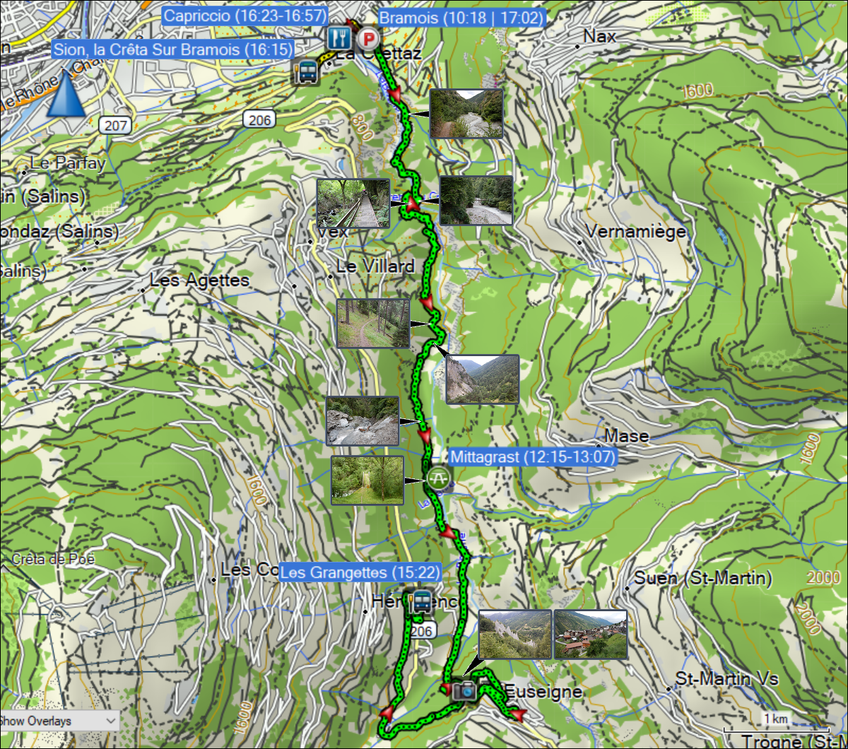 wegstrecke der wanderung von bramois via den pyramides d'euseigne nach les grangettes und des fussmarsches in bramois