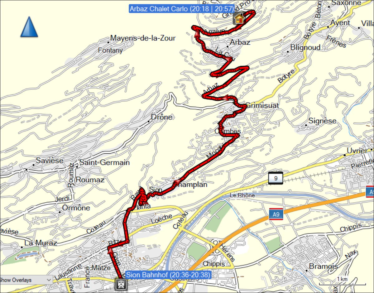 wegstrecke der fahrt von arbaz nach sion und zurueck